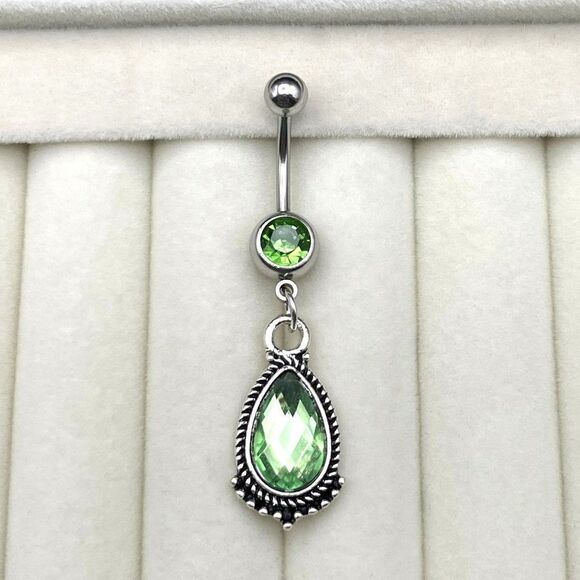 316L Stainless Steel with Emerald Green Cubic Zirconia Teardrop 14G Belly Ring - Picture 2 of 7